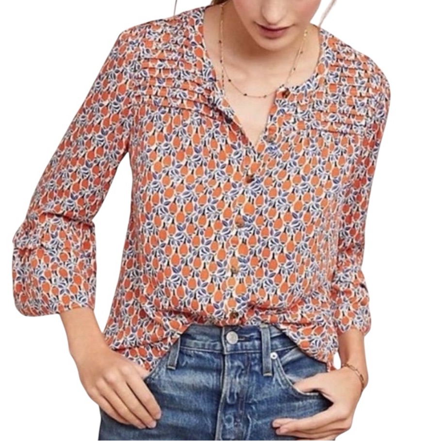 Anthropologie Maeve Berwick Orange Print Ruffle Sleeve Button Down Blouse - S
